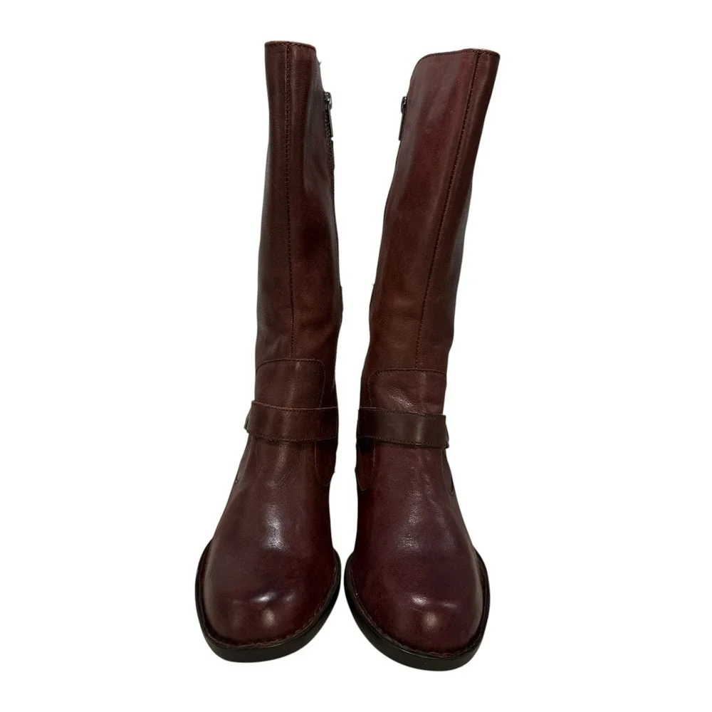Born Maleri Boots 9M Mid Calf With Buckles Brown Burgundy Leather Block Heel